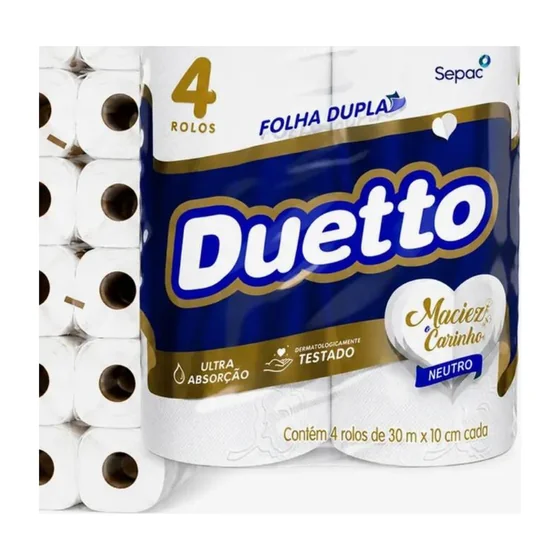 Papel Higiênico Folha Dupla 30 m — Fardo com 64 Rolos — Duetto