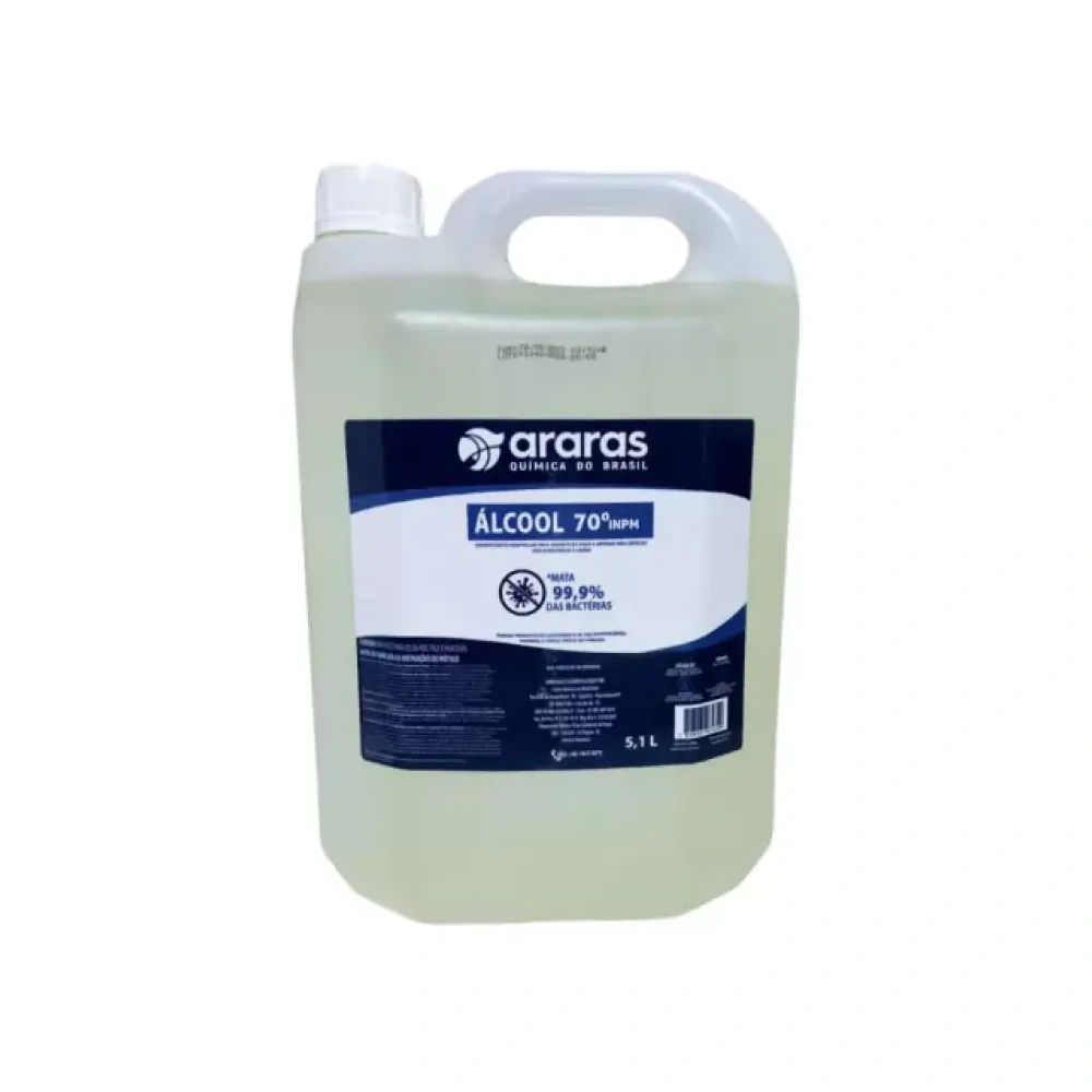Araras Álcool Hospitalar 70° INPM 5,1 L — galão completo